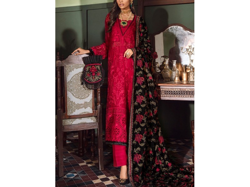 Heavy Embroidered Velvet Party Wear Dress with Jamawar Trouser