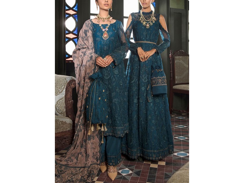 Heavy Embroidered Velvet Party Wear Dress with Jamawar Trouser