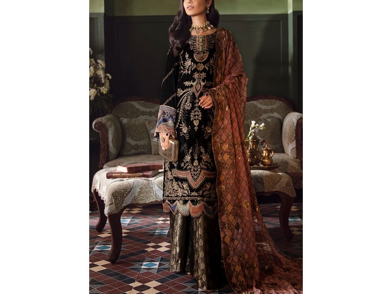 Heavy Embroidered Velvet Party Wear Dress with Jamawar Trouser