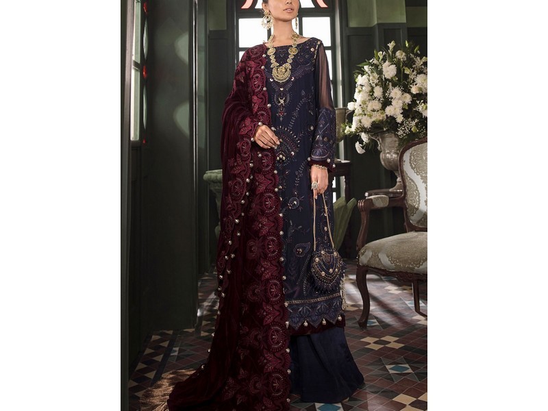 Heavy Embroidered Velvet Party Wear Dress with Jamawar Trouser