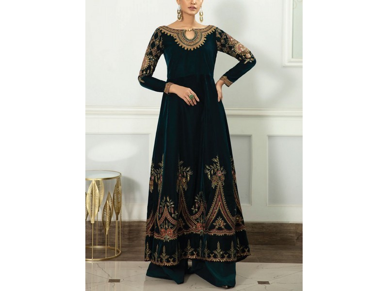 Heavy Embroidered Velvet Party Wear Dress with Jamawar Trouser