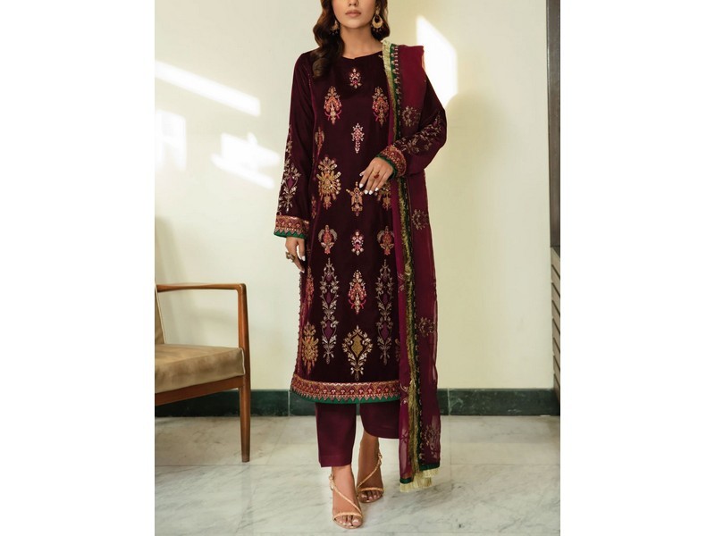 Heavy Embroidered Velvet Party Wear Dress with Jamawar Trouser