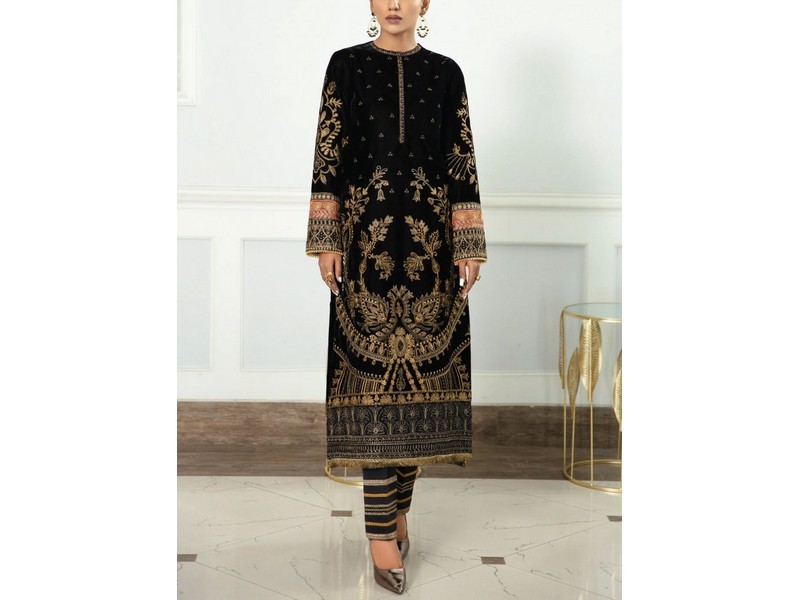 Heavy Embroidered Velvet Party Wear Dress with Jamawar Trouser