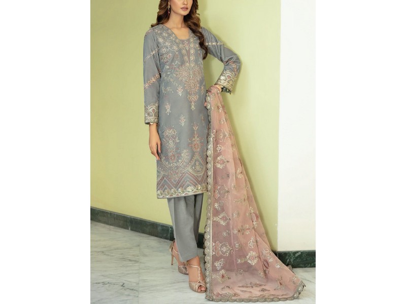 Heavy Embroidered Velvet Party Wear Dress with Jamawar Trouser