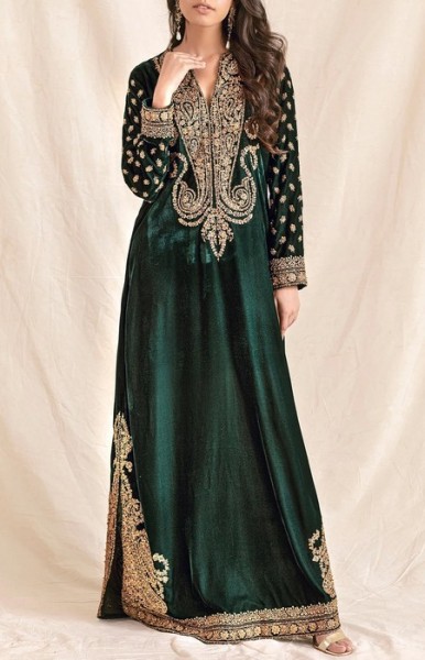 Heavy Embroidered Velvet Party Wear Dress with Jamawar Trouser