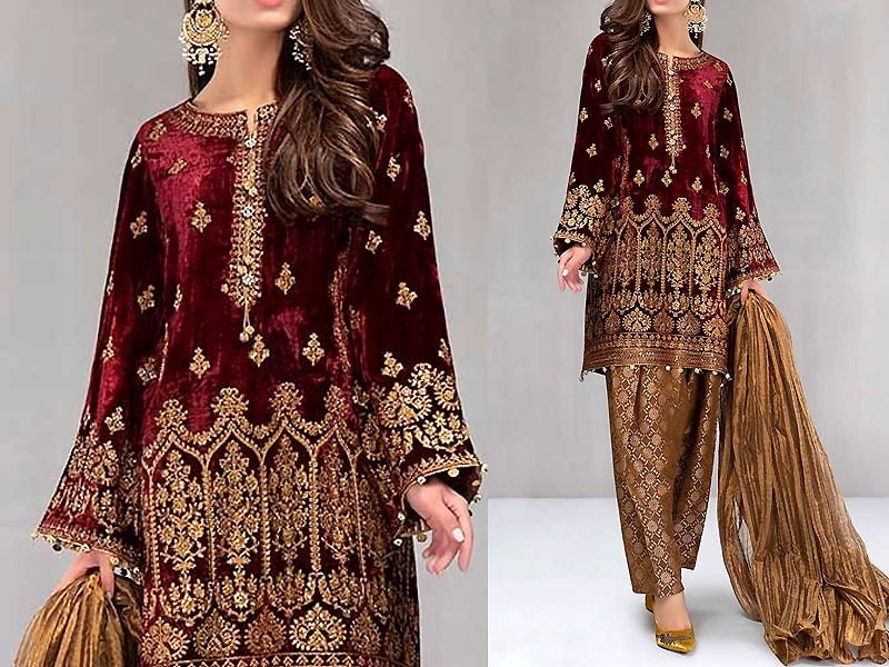 Heavy Embroidered Velvet Party Wear Dress with Jamawar Trouser