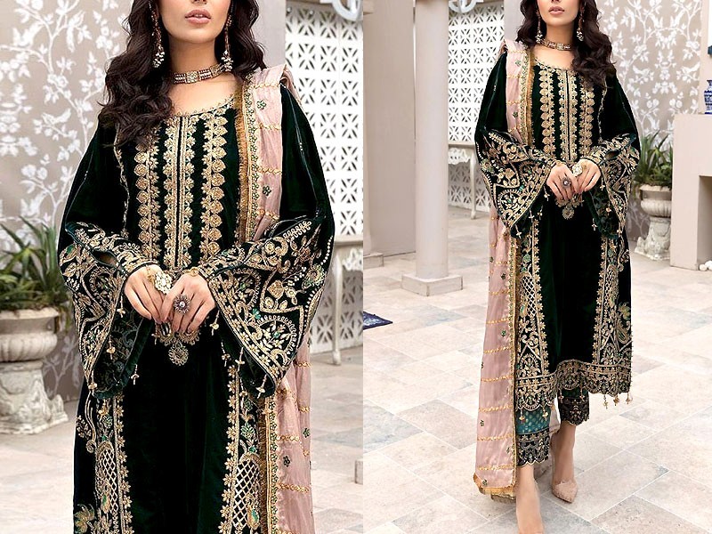 Heavy Embroidered Velvet Party Wear Dress with Jamawar Trouser