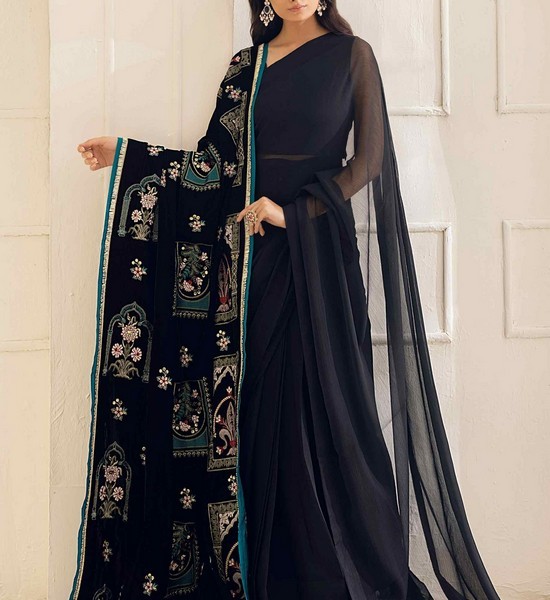 Heavy Embroidered Velvet Party Wear Dress with Jamawar Trouser