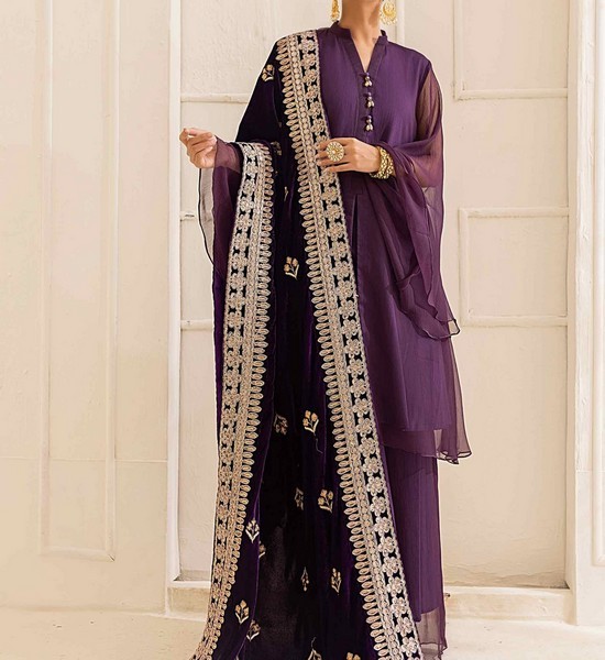 Heavy Embroidered Velvet Party Wear Dress with Jamawar Trouser