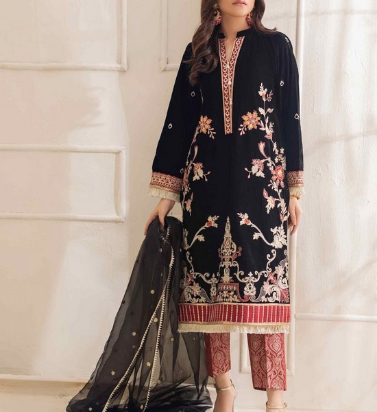 Heavy Embroidered Velvet Party Wear Dress with Jamawar Trouser