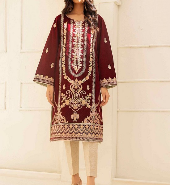 Heavy Embroidered Velvet Party Wear Dress with Jamawar Trouser