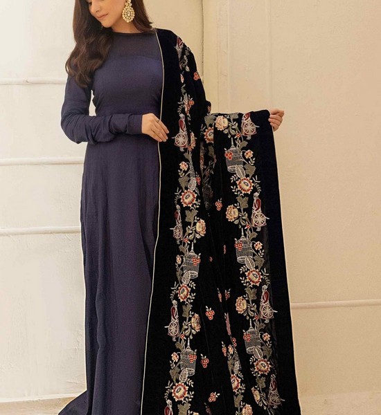 Heavy Embroidered Velvet Party Wear Dress with Jamawar Trouser