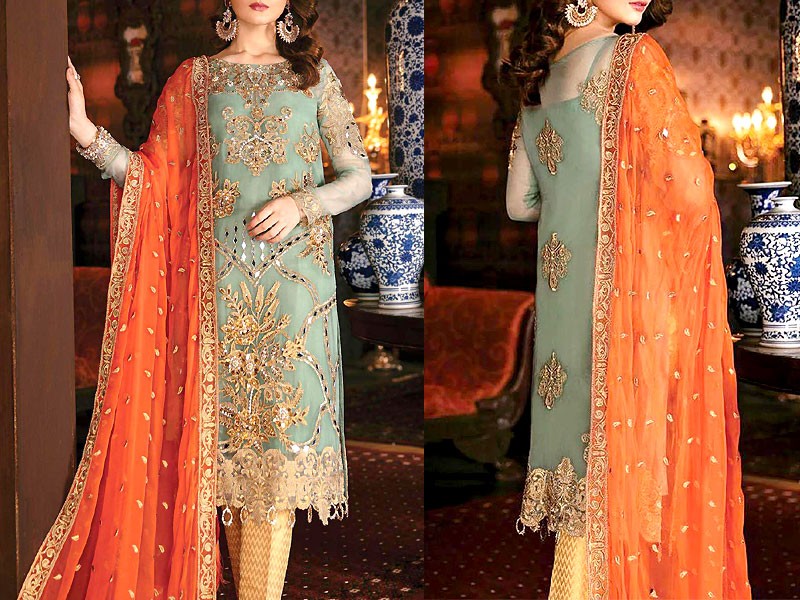 Elegant Embroidered Blue Chiffon Maxi Dress with Embroidered Net Dupatta Price in Pakistan