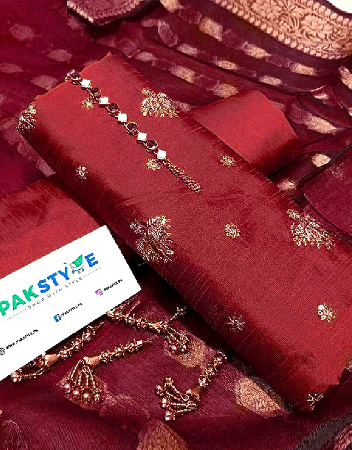 Banarsi Style Embroidered Raw Silk Dress with Organza Jacquard Dupatta Price in Pakistan