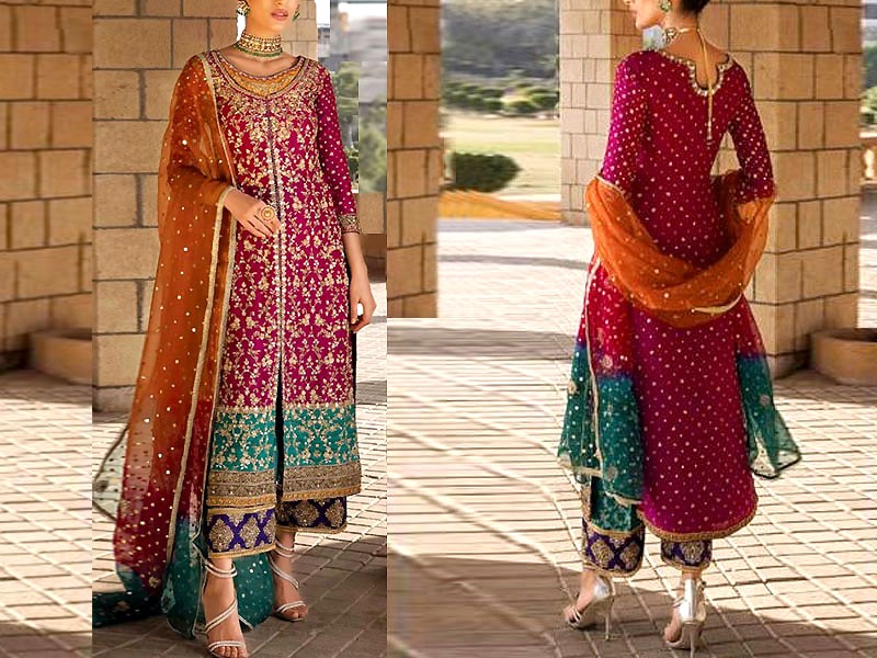 Elegant Embroidered Blue Chiffon Maxi Dress with Embroidered Net Dupatta Price in Pakistan