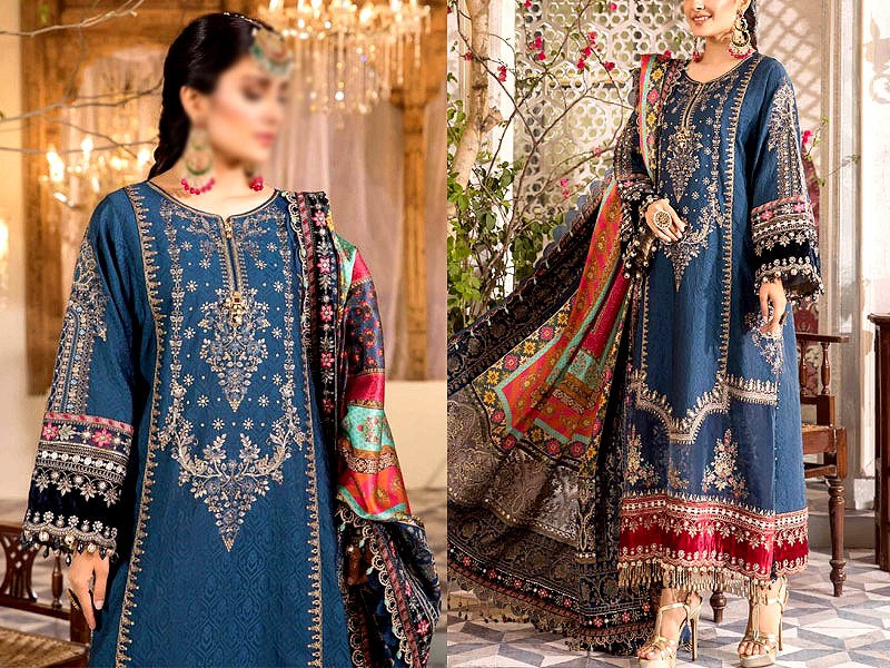 Embroidered Navy Blue Chiffon Party Dress Price in Pakistan