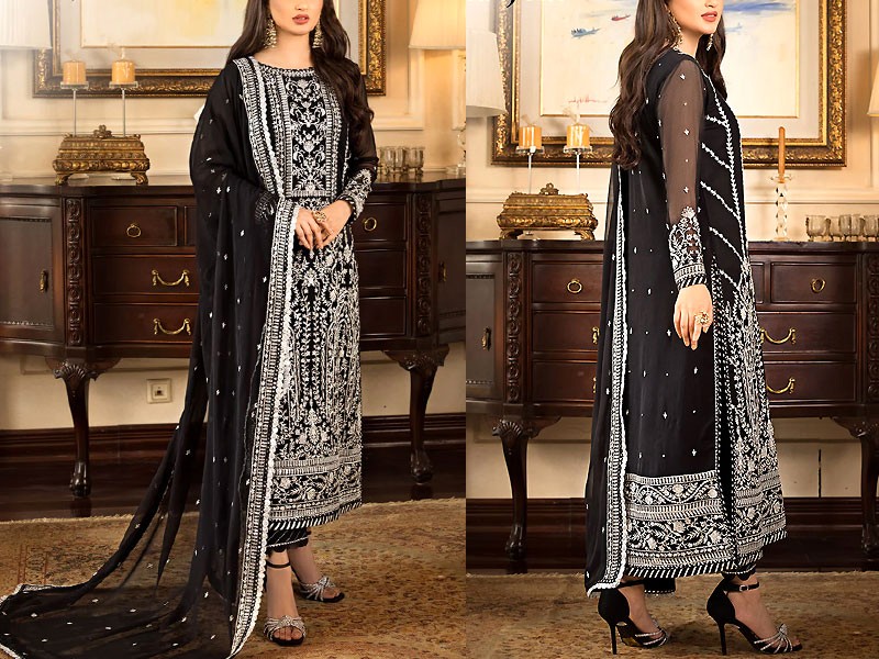Indian Embroidered Peach Chiffon Maxi Dress Price in Pakistan