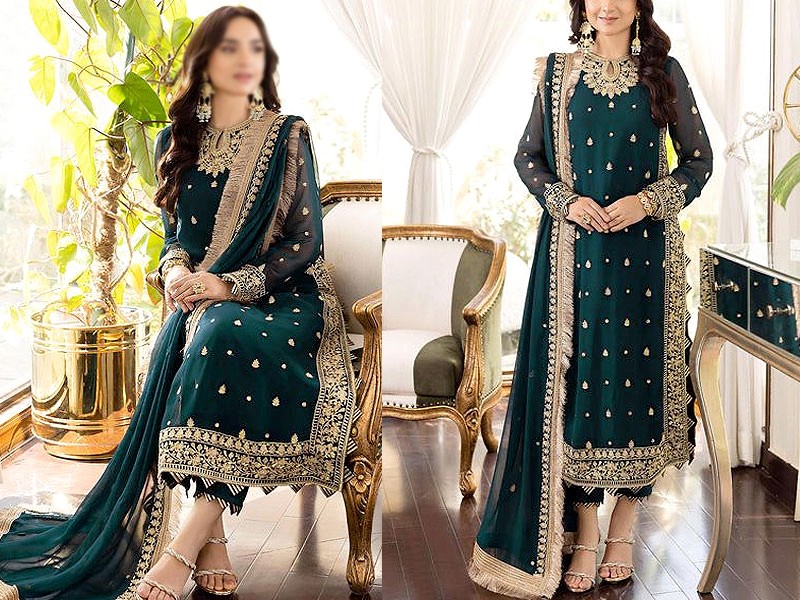 Heavy Embroidered Chiffon Frock with Net Dupatta Price in Pakistan