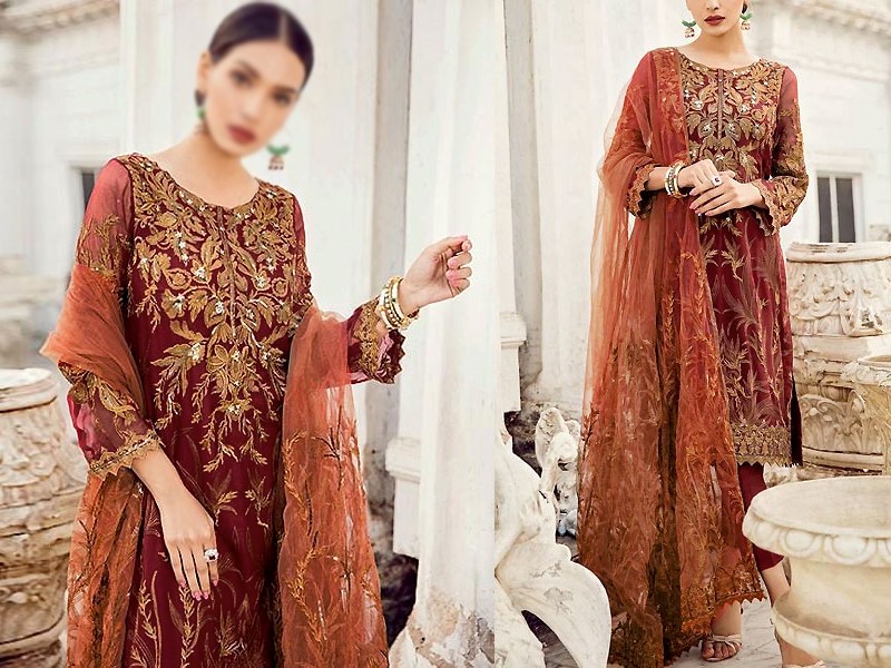 Heavy Embroidered Maroon Chiffon Party Wear Dress with Chiffon Dupatta Price in Pakistan