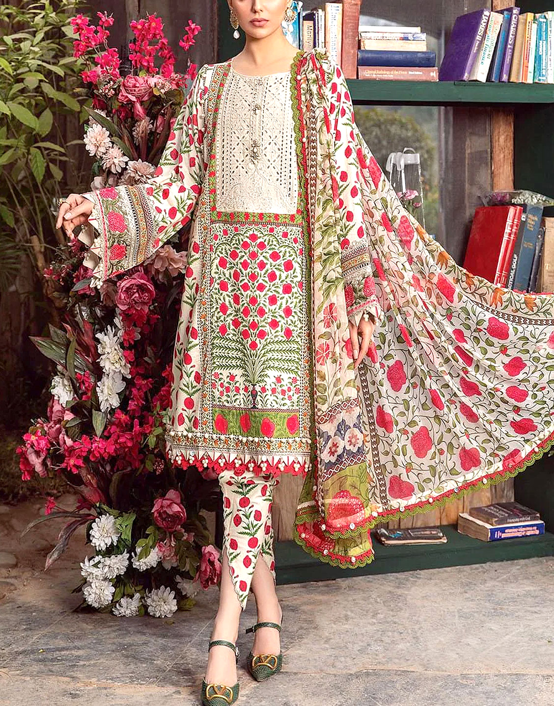 Heavy Schiffli Embroidered EID Lawn Dress 2024 with Chiffon Dupatta Price in Pakistan