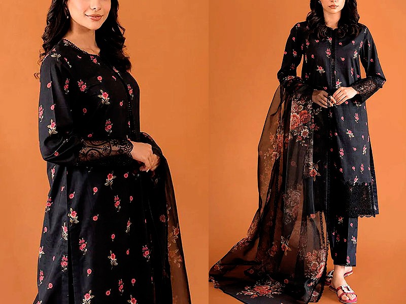 Sequins Embroidered Black Lawn Dress 2024 with Diamond Dupatta Price in Pakistan