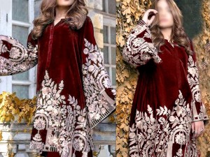 Heavy Embroidered Handwork Maroon Velvet Dress