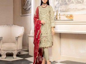 Embroidered Grey Chiffon Dress with Red Chiffon Dupatta Price in Pakistan