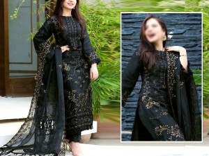 Luxury Embroidered Cotton Lawn Dress 2024 with Bamber Chiffon Dupatta