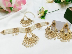 Faux Pearl Bridal Choker Set with Earrings & Teeka Price in Pakistan