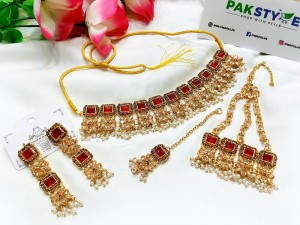 Bridal Maroon Stones Necklace Set with Earrings, Jhumar and Maang Teeka Price in Pakistan