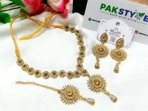 Elegant Champagne Stone Jewelry Set with Earrings & Tikka Price in Pakistan