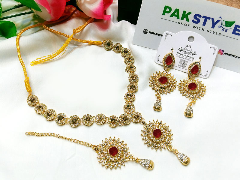 Elegant Maroon Stone Jewelry Set with Earrings & Tikka Price in Pakistan