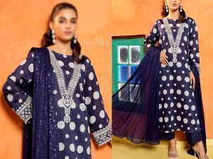 Polka-Dot Print  Embroidered Lawn Dress 2024 with Chiffon Dupatta Price in Pakistan