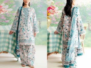 Digital All-Over Print Embroidered Lawn Dress 2024 with Silk Dupatta
