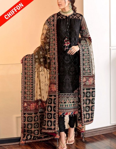 Heavy Embroidered Black Chiffon Party Dr