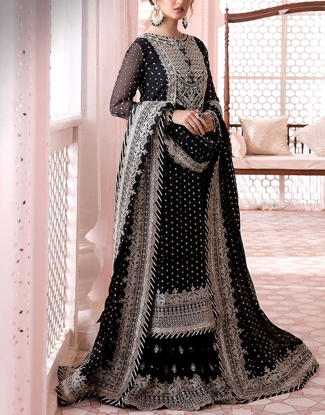 Elegant Heavy Embroidered Black Chiffon 