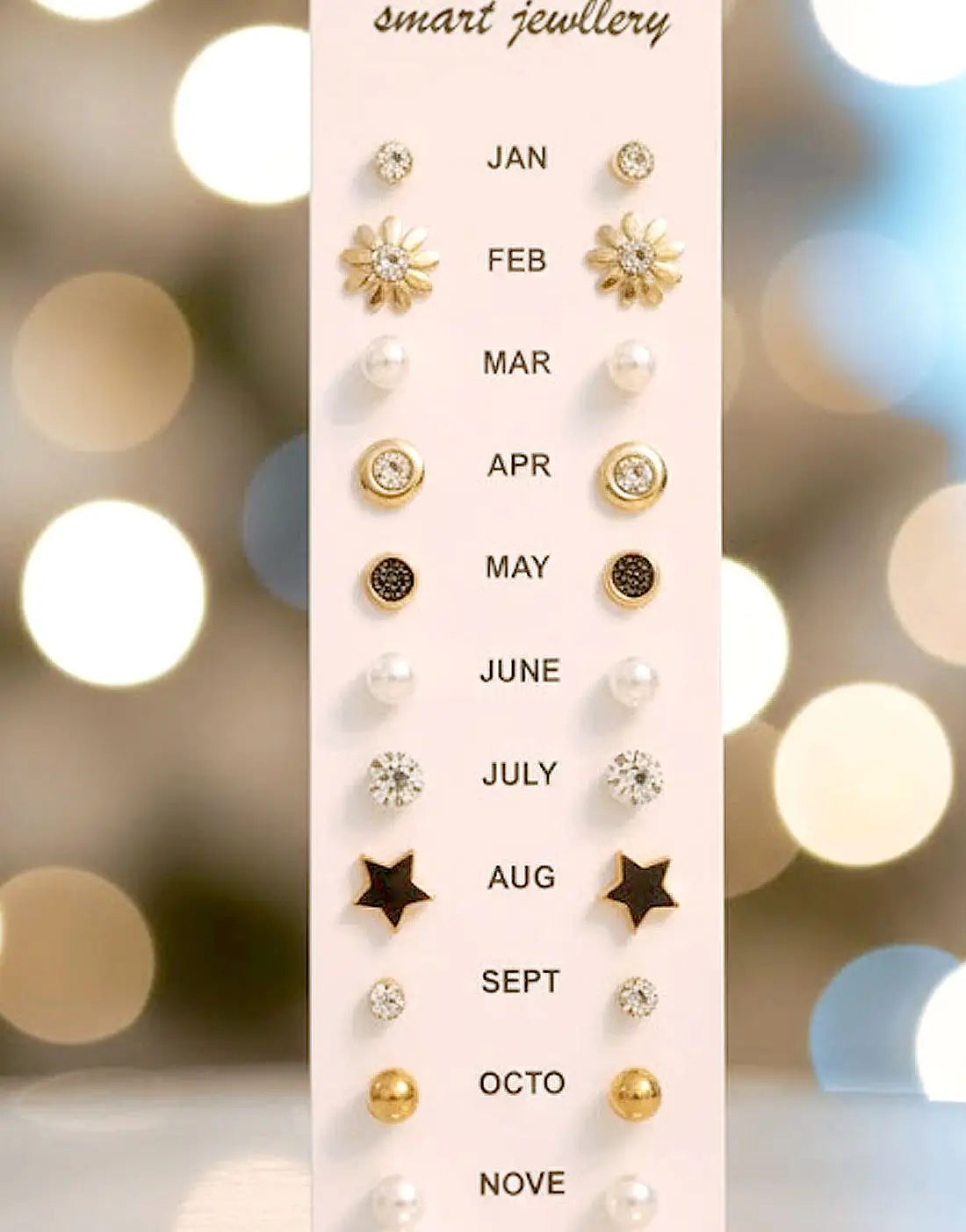 12 Pairs Minimalist Stud Earrings Card in Mix Floral Star Pearl Geometrical Shape