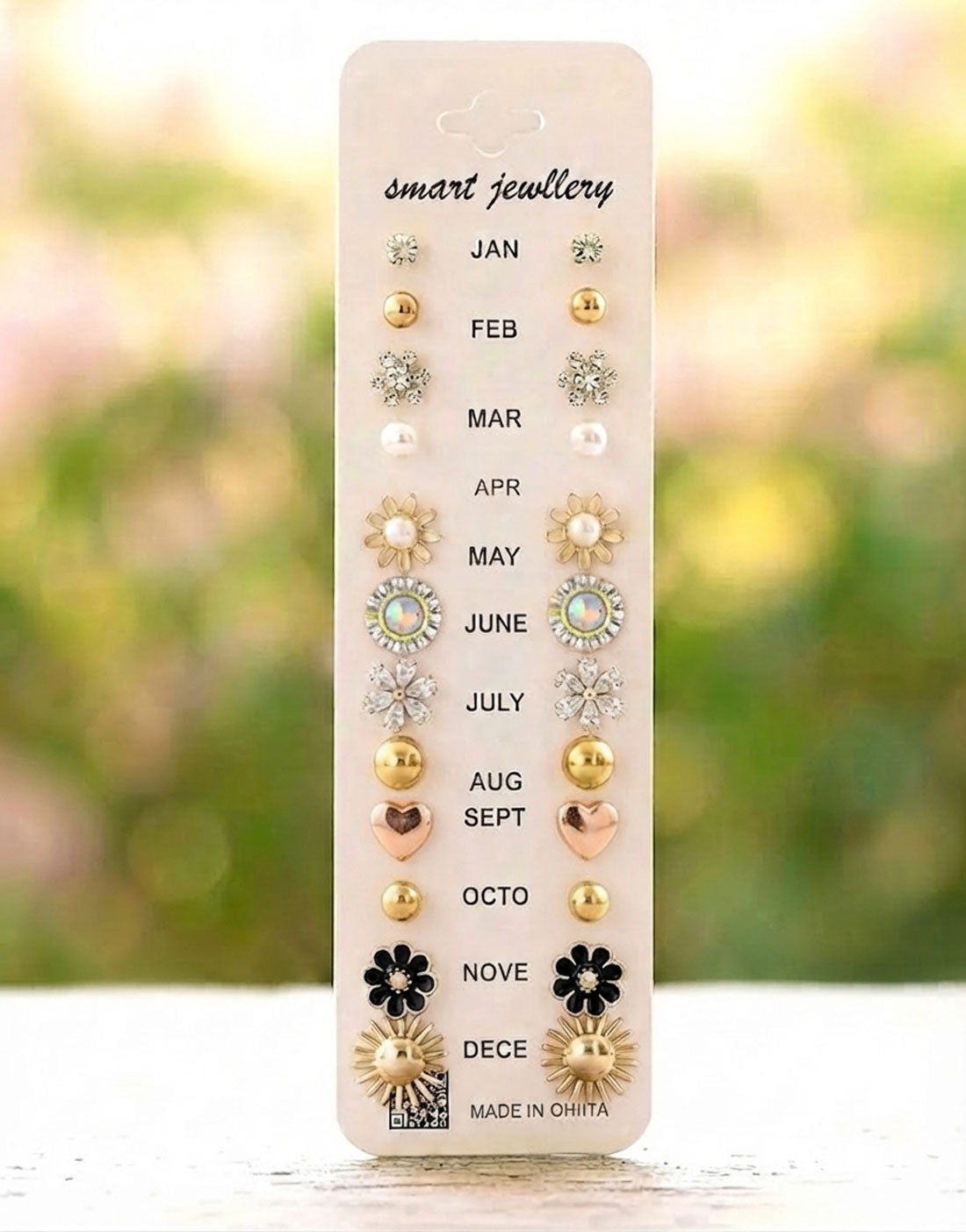 12 Pairs Minimalist Stud Earrings Card in Mix Floral Star Pearl Geometrical Shape