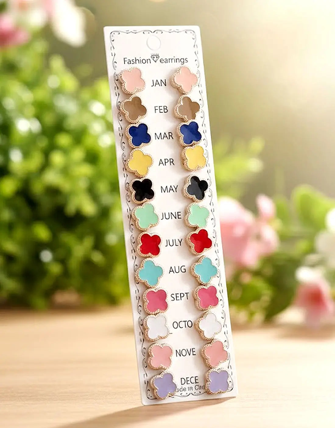 12 Pairs Minimalist Stud Earrings Card in Multicolor Four Leaf Clover Shape