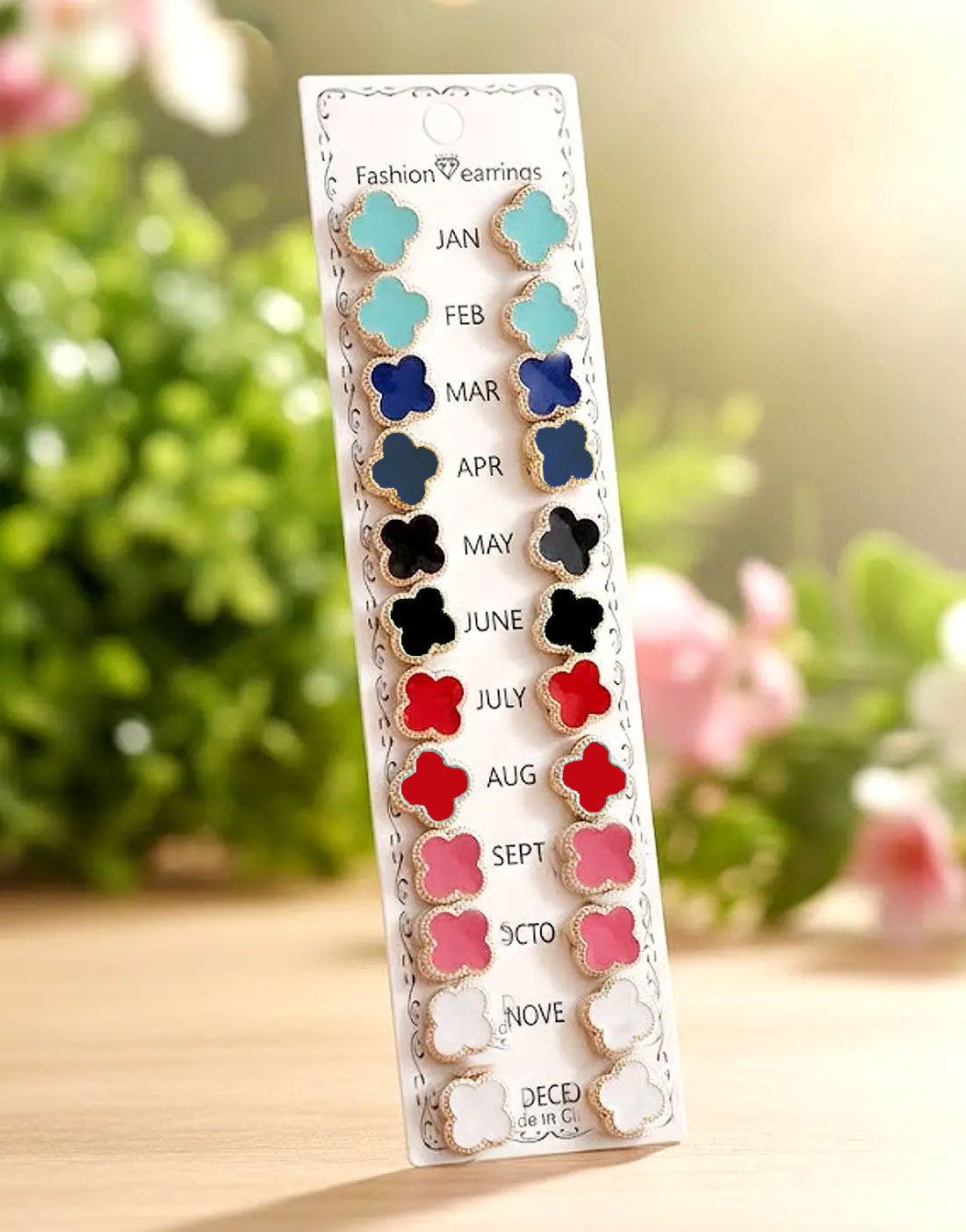 12 Pairs Minimalist Stud Earrings Card in Multicolor Four Leaf Clover Shape