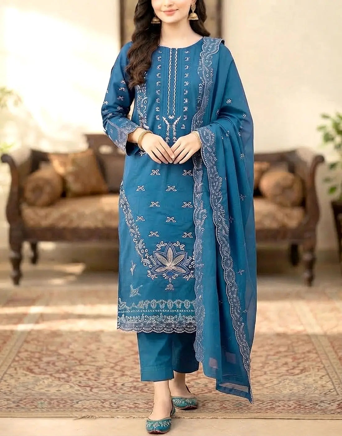 Elegant Heavy Embroidered Cotton Lawn EID Dress with Emb. Chiffon Dupatta