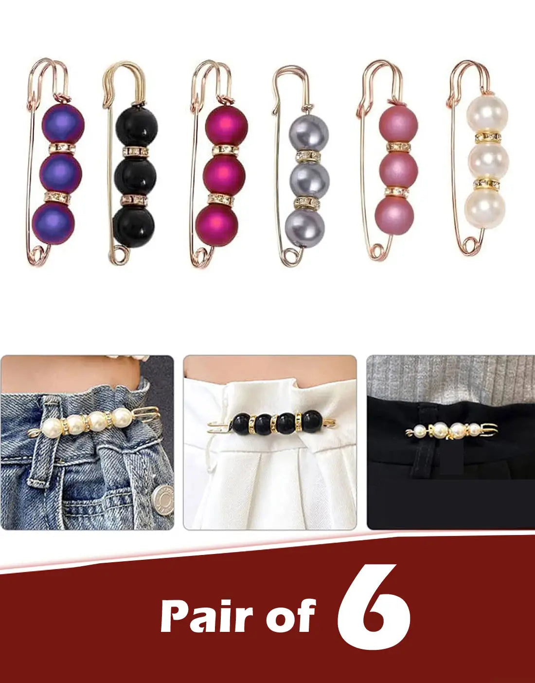 6‑Piece Pearl Safety Pin Brooch Set for Dresses, Hijabs, Scarves & Sweaters