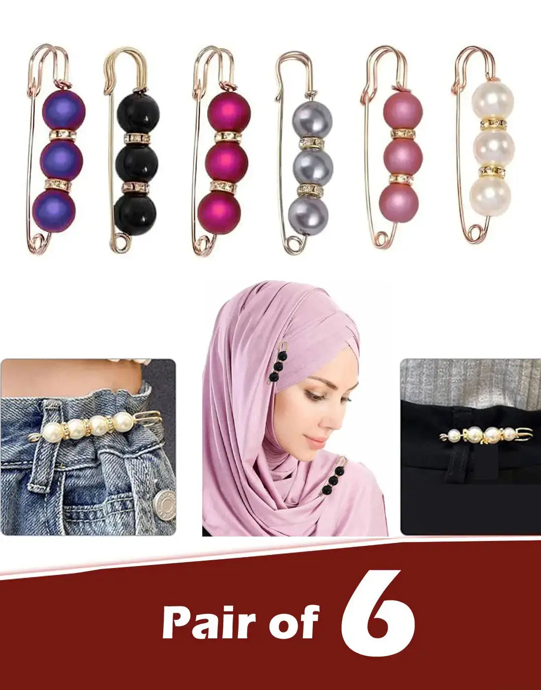 6‑Piece Pearl Safety Pin Brooch Set for Dresses, Hijabs, Scarves & Sweaters