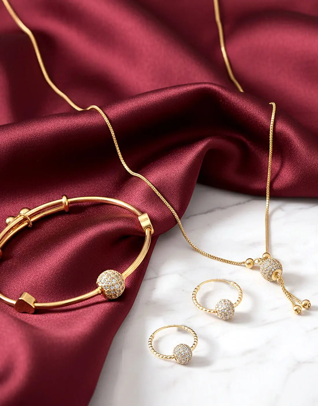 Adorable Ball Shaped Zircon Pendant, Earrings & Bangle Set for Girls