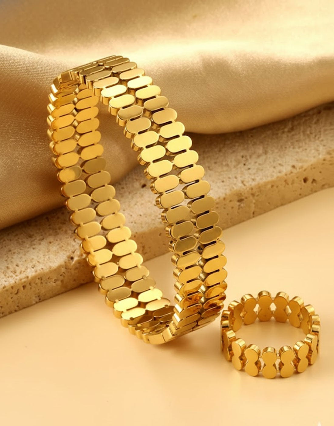 Trendy Gold Plated Bangle and Ring Set – Stainless Steel Jewelry