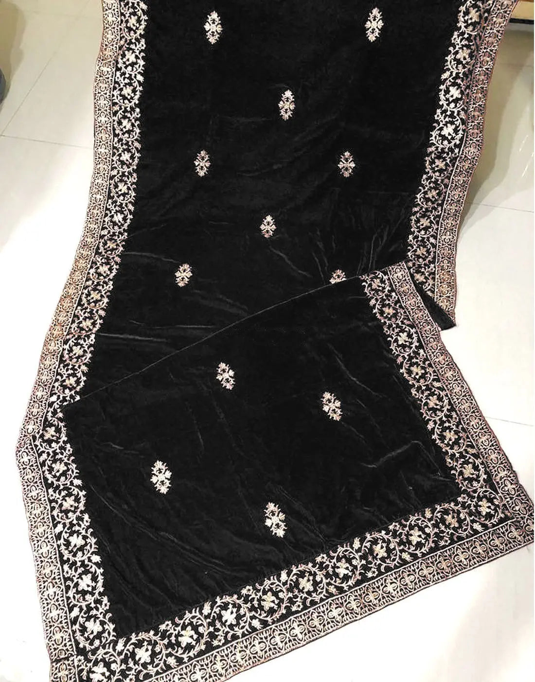 Heavy Embroidered Black Velvet Bridal Shawl for Wedding Wear