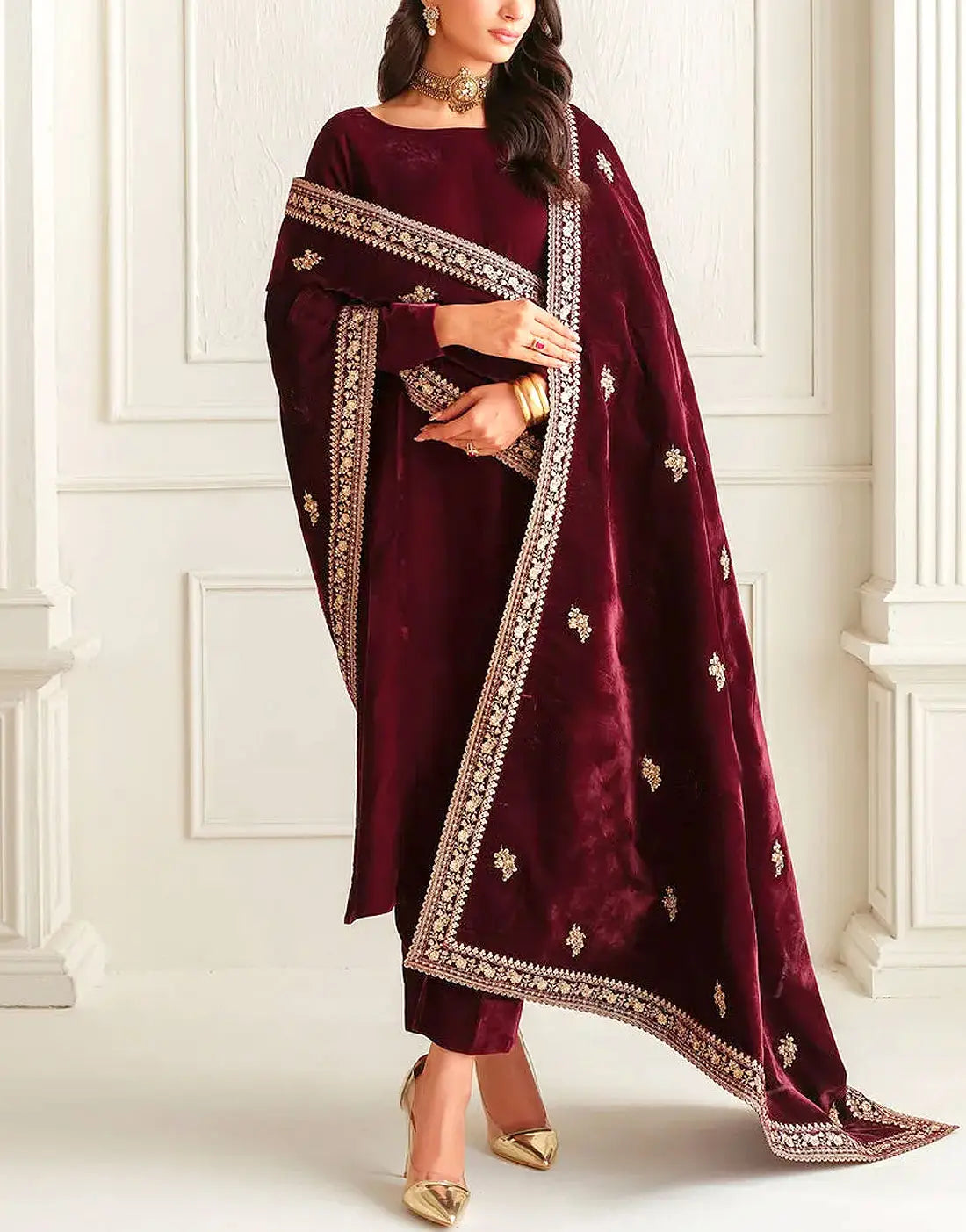 Heavy Embroidered Maroon Velvet Bridal Shawl for Wedding Wear