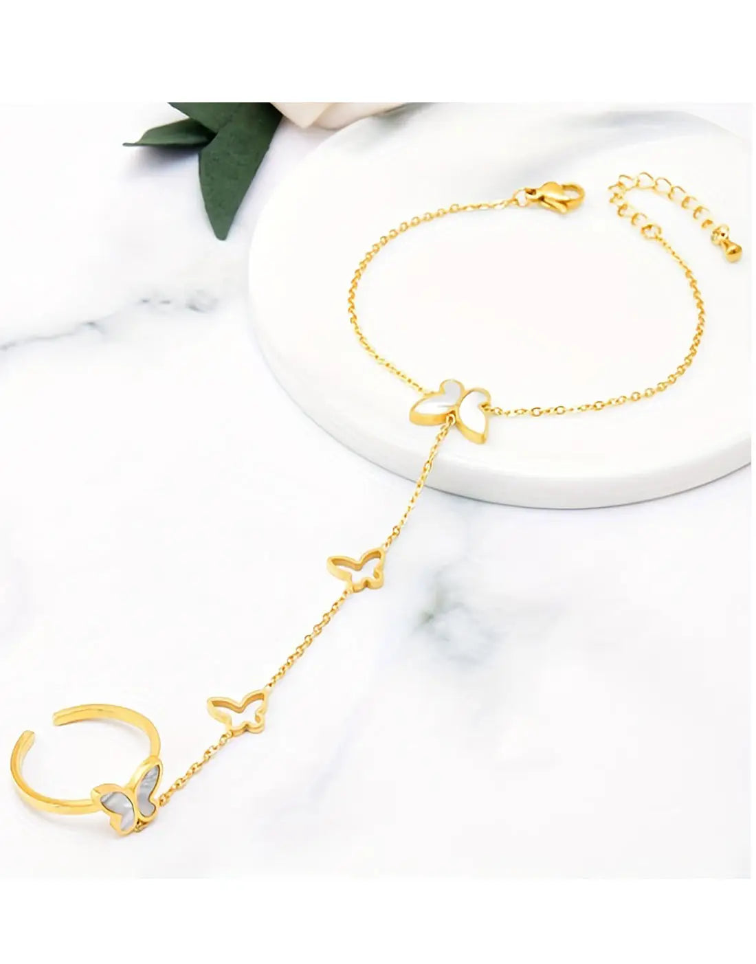 Gold Plated Stainless Steel Anja Bracelet Ring Set with Butterfly Charm