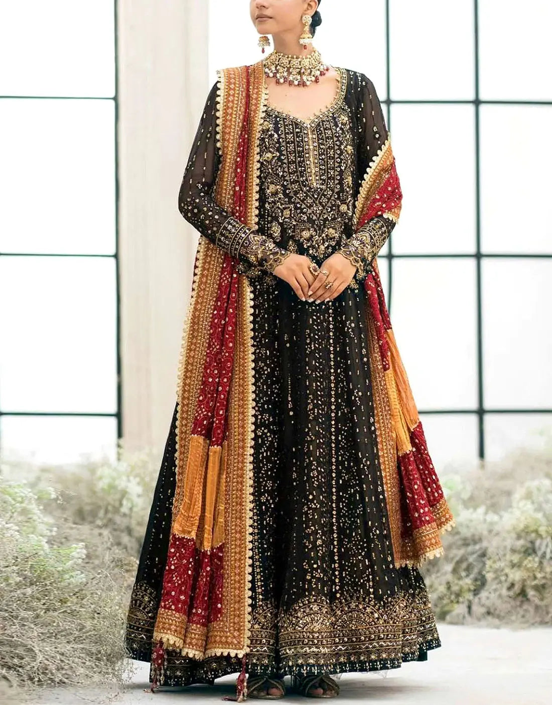 Glamorous Heavily Embroidered Black Chiffon Maxi Dress for Weddings