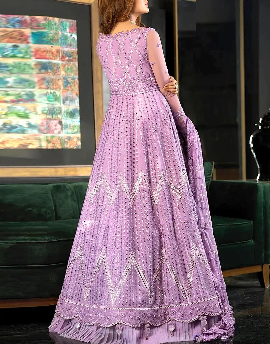 Glamorous 9mm Sequins Embroidered Mauve Chiffon Maxi Dress - Perfect for Party & Wedding Wear